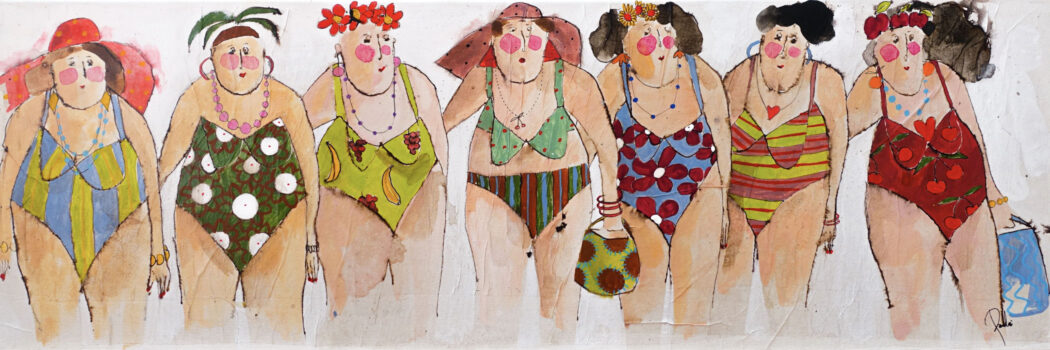 Peinture technique mixte - baigneuses en maillots - Cécile Colombo - bathers - beauties - œuvre détourée