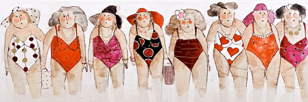 Les filles en rose - girls in pink - Peinture technique mixte - baigneuses en maillots - Cécile Colombo - œuvre détourée